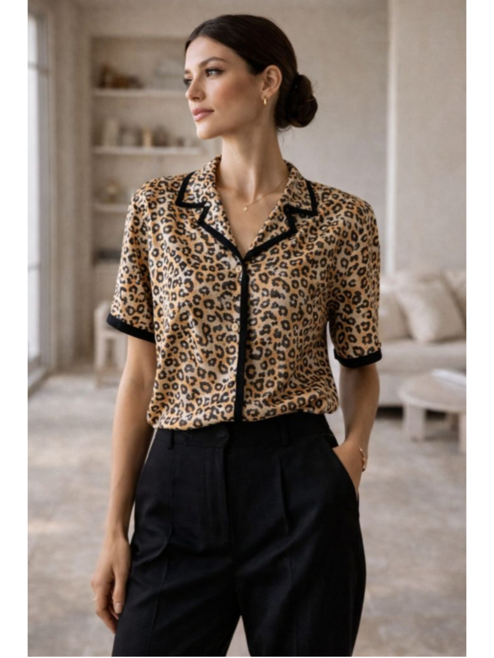 100% Silk Leopard Print Blouse Y2K Animal Print Button Front L Glamorrati 80s